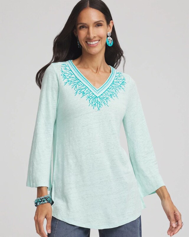 Linen Embroidered V-Neck Tunic - image 1